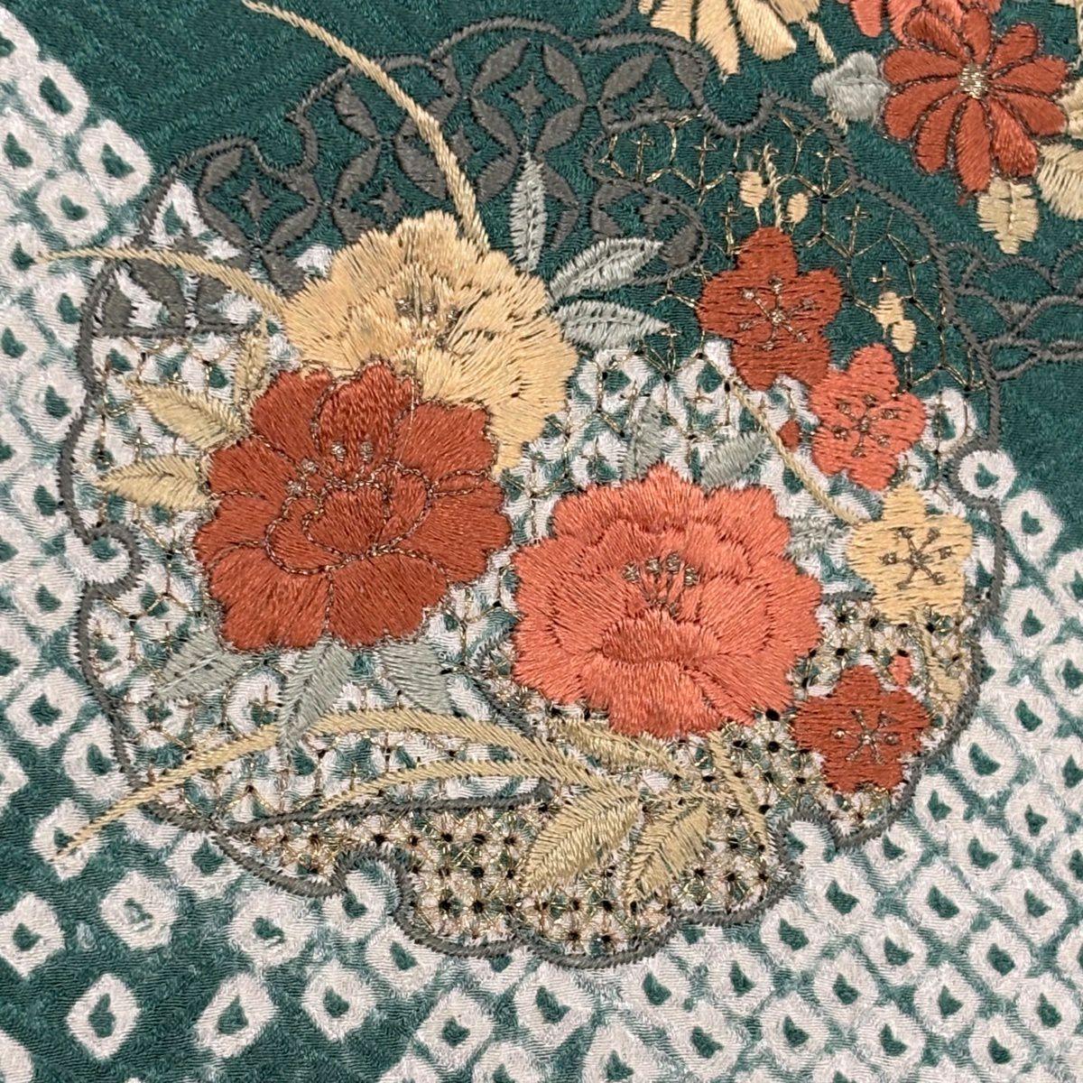 付下 身長164cm 袖長66cm M 雙層 雪輪 草花紋刺繡 絞染 綠 純蠶絲 秀品級