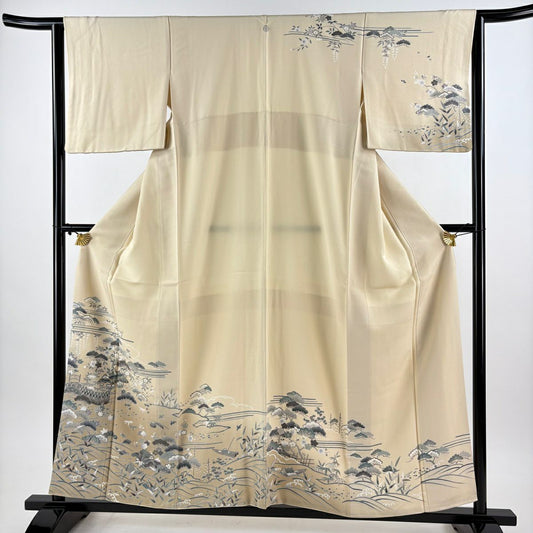 【美品】訪問服 身長157cm 袖長63cm S 雙層 家屋 松樹竹子梅花 金糸 漸層 奶油色 純蠶絲 秀品級 一つ紋