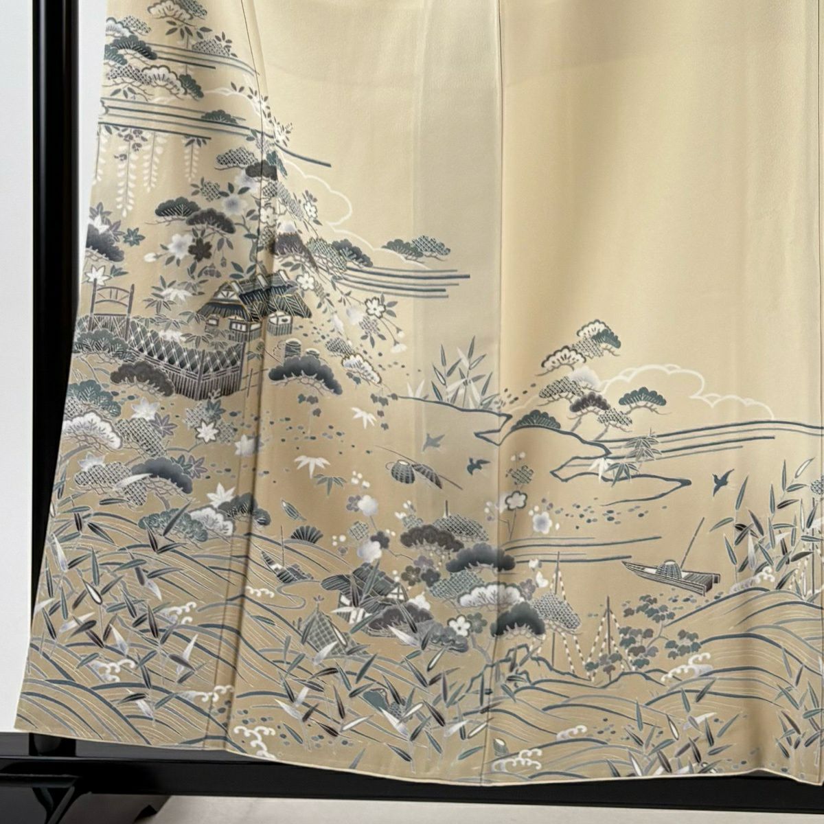 【美品】訪問服 身長157cm 袖長63cm S 雙層 家屋 松樹竹子梅花 金糸 漸層 奶油色 純蠶絲 秀品級 一つ紋