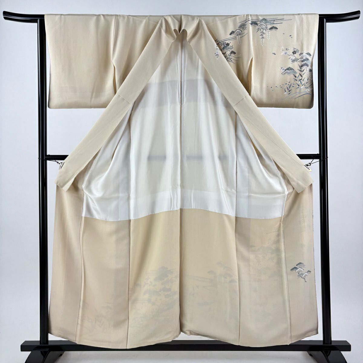 【美品】訪問服 身長157cm 袖長63cm S 雙層 家屋 松樹竹子梅花 金糸 漸層 奶油色 純蠶絲 秀品級 一つ紋