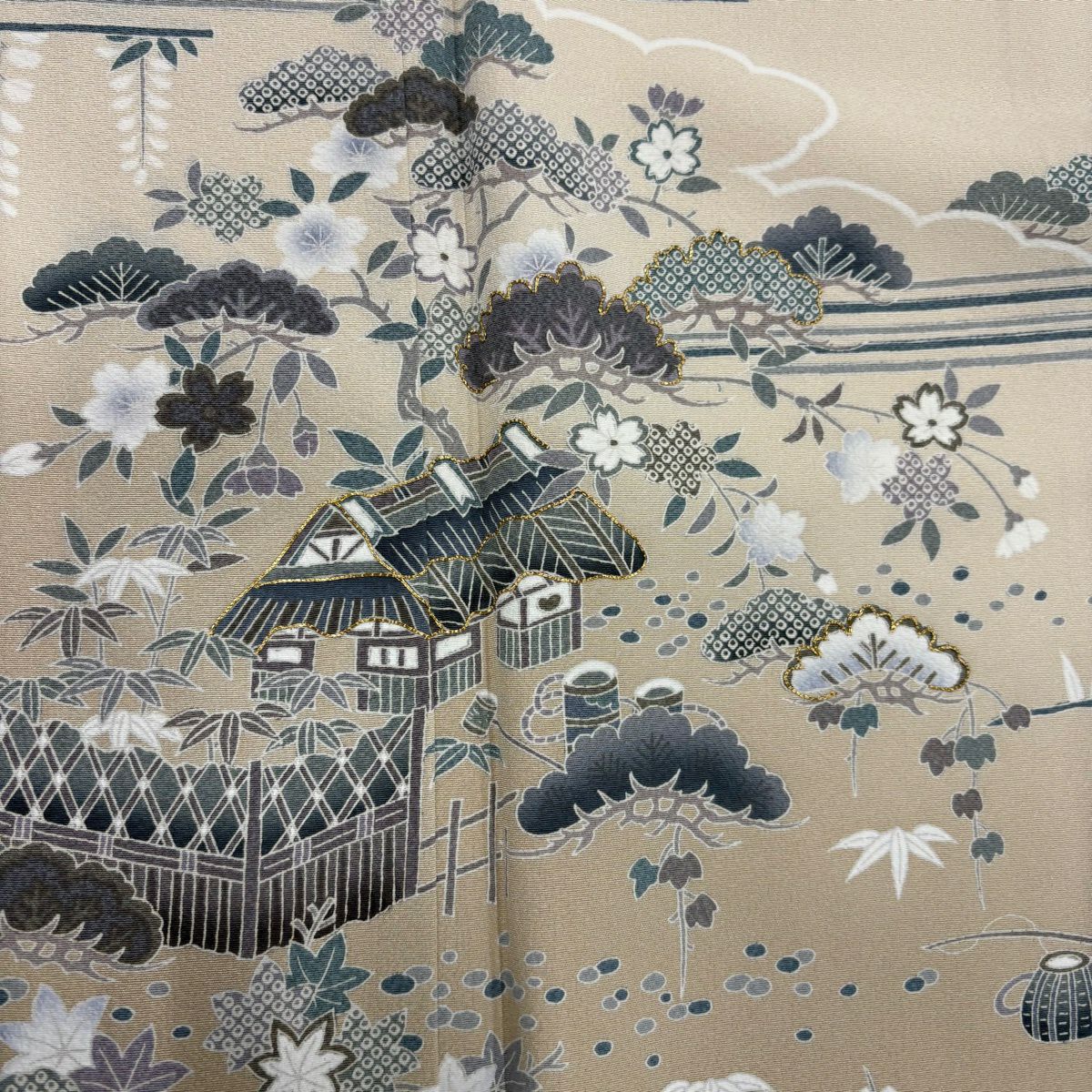 【美品】訪問服 身長157cm 袖長63cm S 雙層 家屋 松樹竹子梅花 金糸 漸層 奶油色 純蠶絲 秀品級 一つ紋