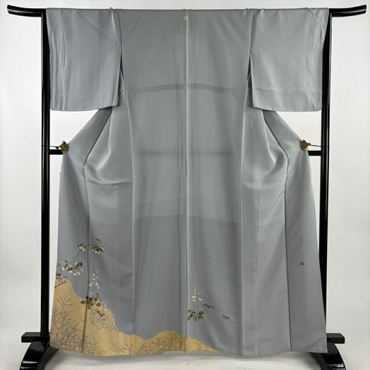 色留袖禮服 身長163.5cm 袖長66cm M 雙層 松樹尾光琳 落款あり 枝花 金彩裝飾 青灰 純蠶絲 秀品級 一つ紋