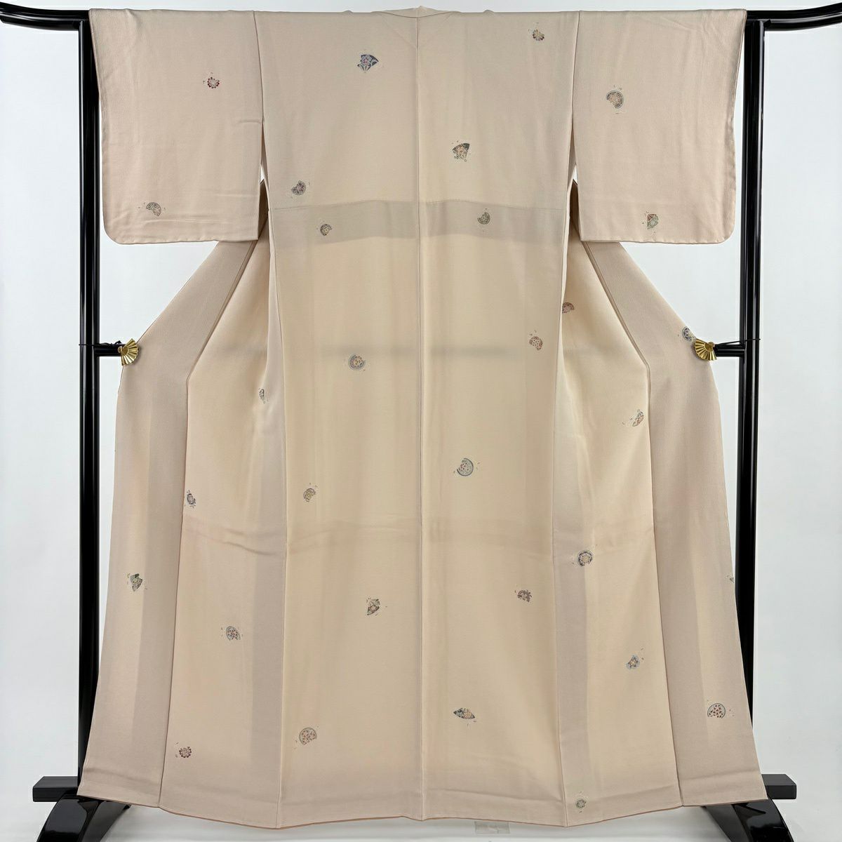 【美品】 小紋 身長163cm 袖長63cm S 雙層 扇子花唐草紋 絞緬 米色 純蠶絲 優品級