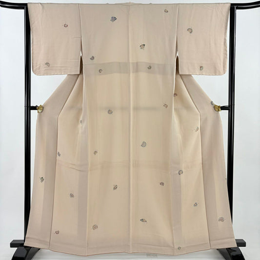 【美品】 小紋 身長163cm 袖長63cm S 雙層 扇子花唐草紋 絞緬 米色 純蠶絲 優品級