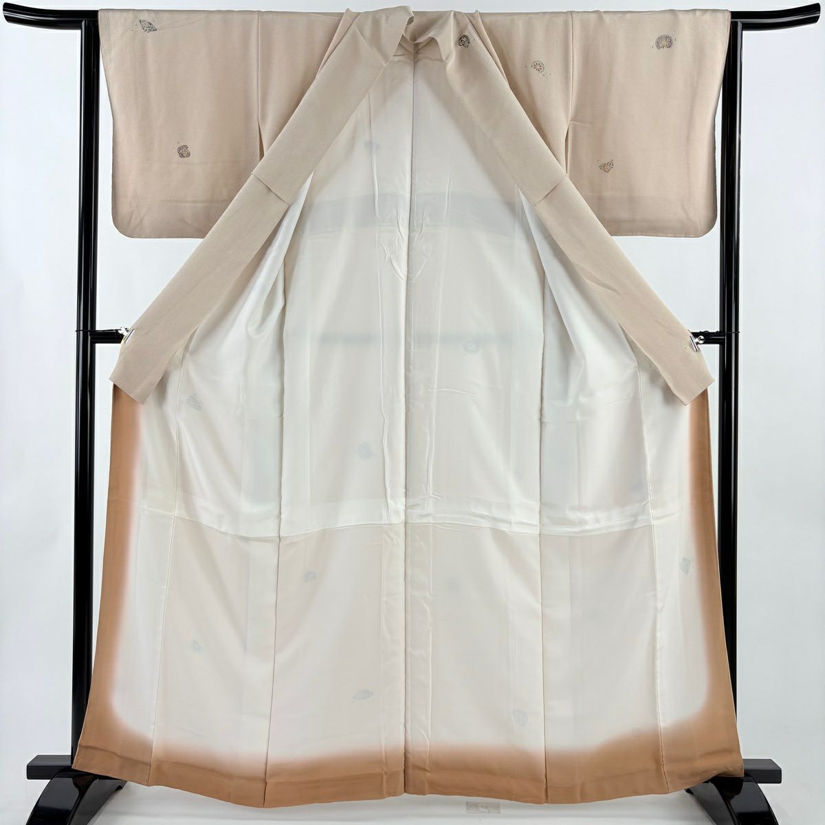 【美品】 小紋 身長163cm 袖長63cm S 雙層 扇子花唐草紋 絞緬 米色 純蠶絲 優品級