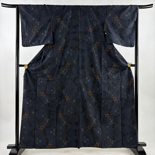 【美品】 大島織 身長163cm 袖長65cm M 雙層 純泥染 證書附帶 草花紋紋 輪廓 深藍 純蠶絲 優品級