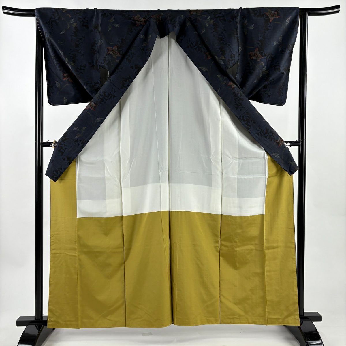 【美品】 大島織 身長163cm 袖長65cm M 雙層 純泥染 證書附帶 草花紋紋 輪廓 深藍 純蠶絲 優品級