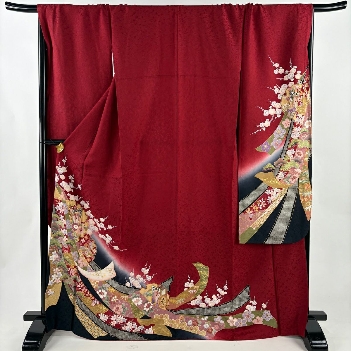 【美品】振袖禮服 身長169cm 袖長70.5cm L 雙層 雪輪 熨斗紋 金絲 金銀彩 紅 純蠶絲 秀品級