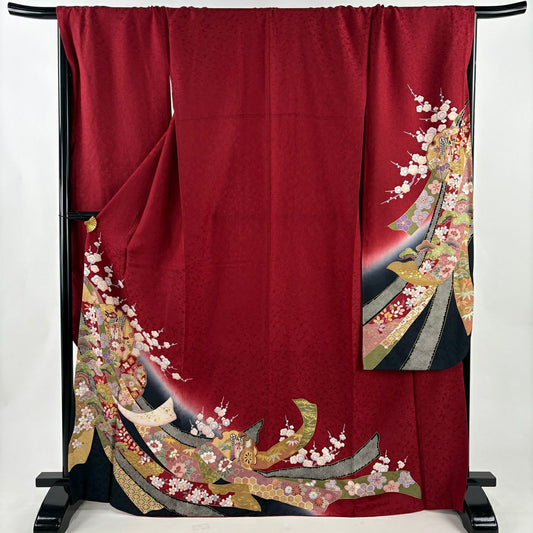【美品】振袖禮服 身長169cm 袖長70.5cm L 雙層 雪輪 熨斗紋 金絲 金銀彩 紅 純蠶絲 秀品級