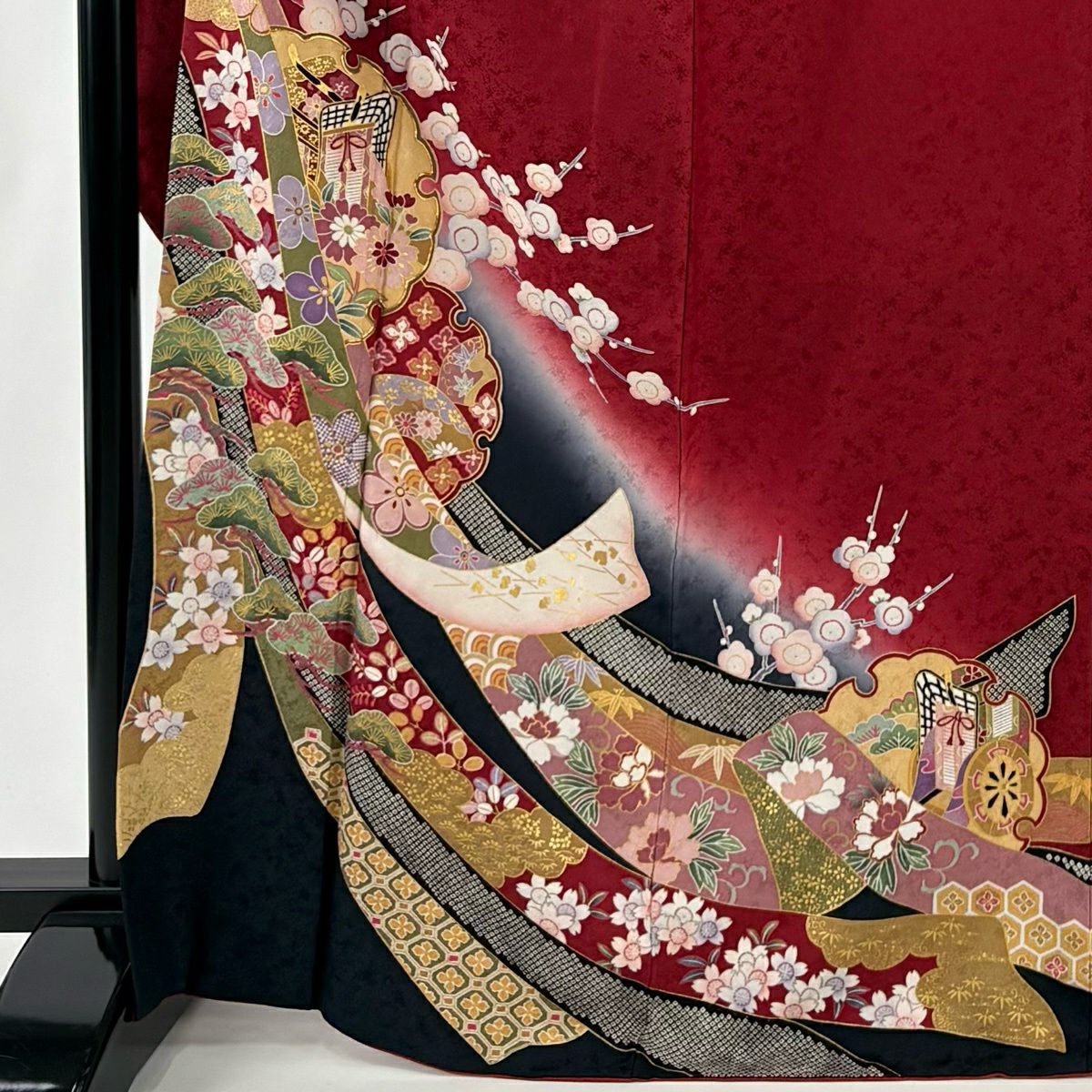 【美品】振袖禮服 身長169cm 袖長70.5cm L 雙層 雪輪 熨斗紋 金絲 金銀彩 紅 純蠶絲 秀品級