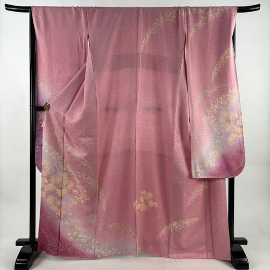 【美品】振袖禮服 身長167cm 袖長69cm L 雙層 草花紋紋 流水 金彩裝飾 漸層 粉紅 純蠶絲 優品級