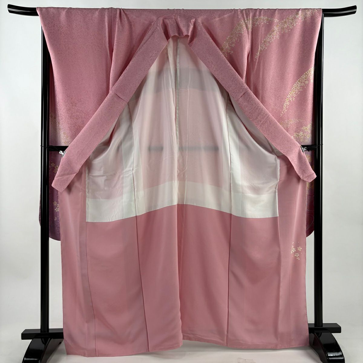 【美品】振袖禮服 身長167cm 袖長69cm L 雙層 草花紋紋 流水 金彩裝飾 漸層 粉紅 純蠶絲 優品級