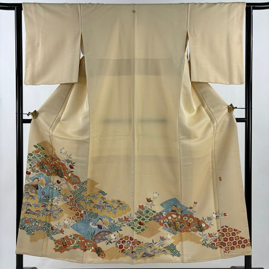 色留袖禮服 身長152.5cm 袖長63cm S 雙層 落款あり 寶盡くし 鴛鴦 金銀彩 金通し 米色 純蠶絲 秀品級 一つ紋