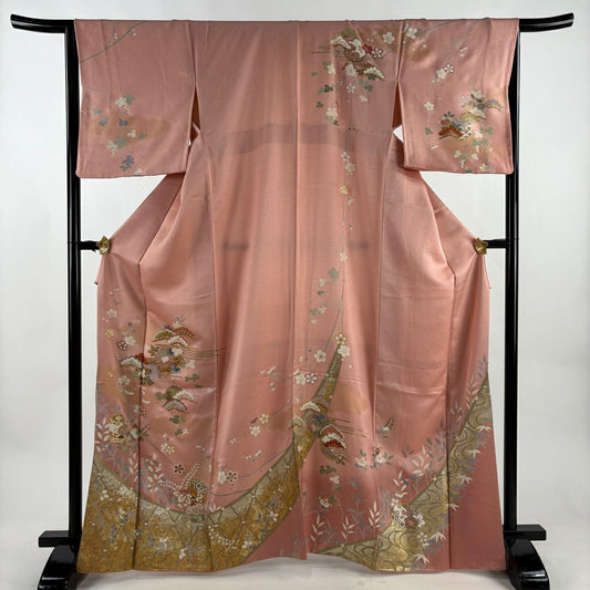 訪問服 身長166cm 袖長65.5cm M 雙層 雪輪 松樹 金銀彩 金絲 粉色 純蠶絲 優品級