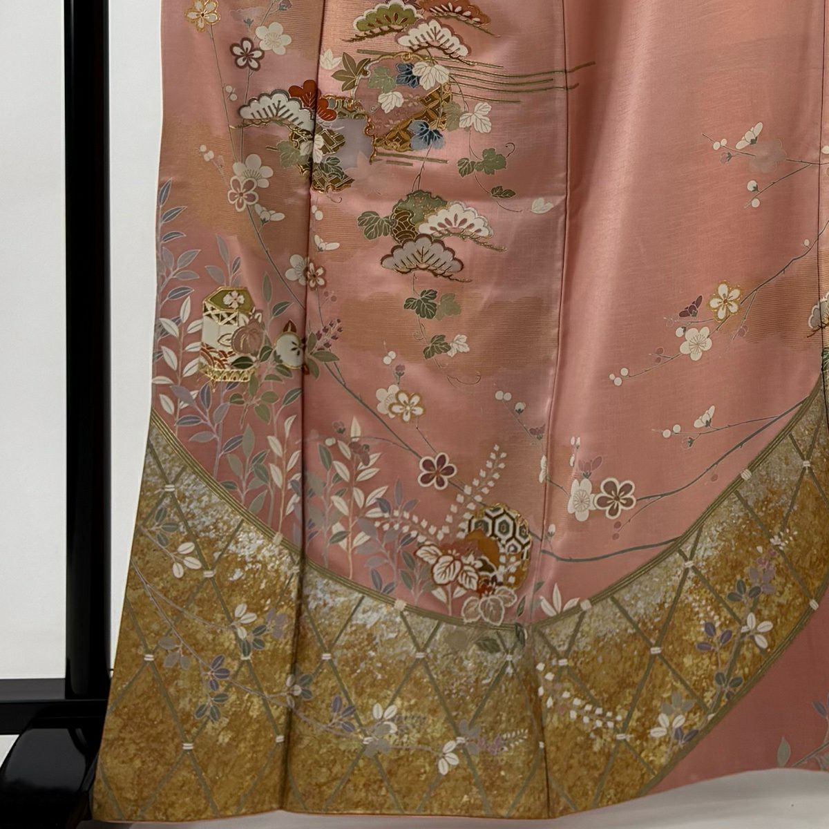 訪問服 身長166cm 袖長65.5cm M 雙層 雪輪 松樹 金銀彩 金絲 粉色 純蠶絲 優品級
