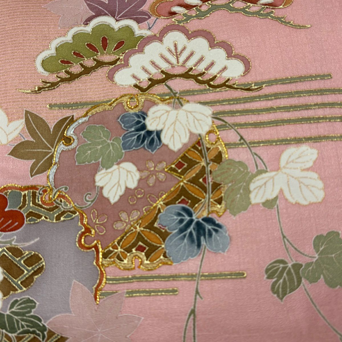 訪問服 身長166cm 袖長65.5cm M 雙層 雪輪 松樹 金銀彩 金絲 粉色 純蠶絲 優品級