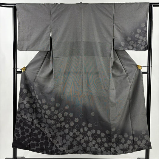 【美品】 付下 身長150.5cm 袖長63cm S 雙層 紬織織 雪輪 漸層 黑灰 純蠶絲 優品級