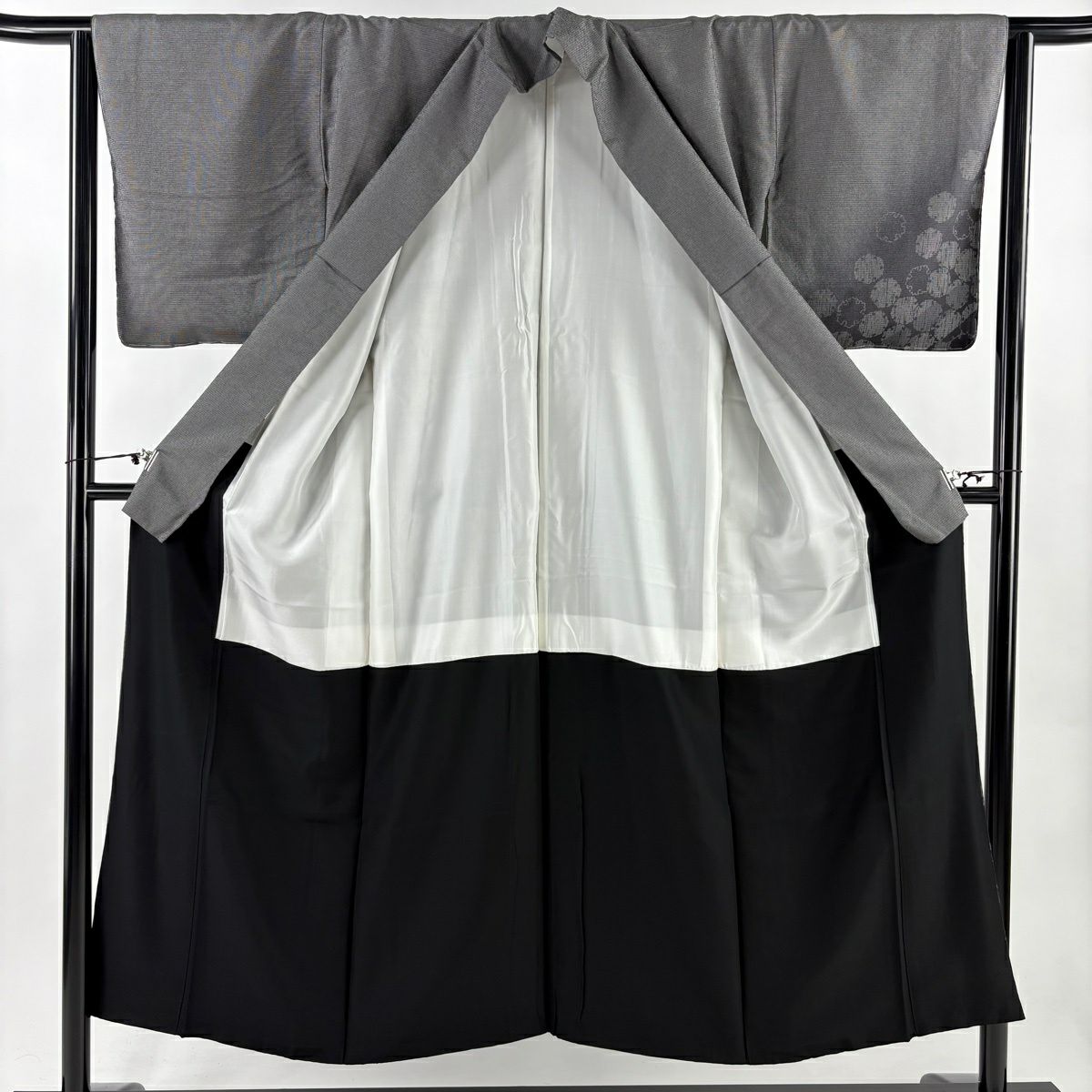 【美品】 付下 身長150.5cm 袖長63cm S 雙層 紬織織 雪輪 漸層 黑灰 純蠶絲 優品級