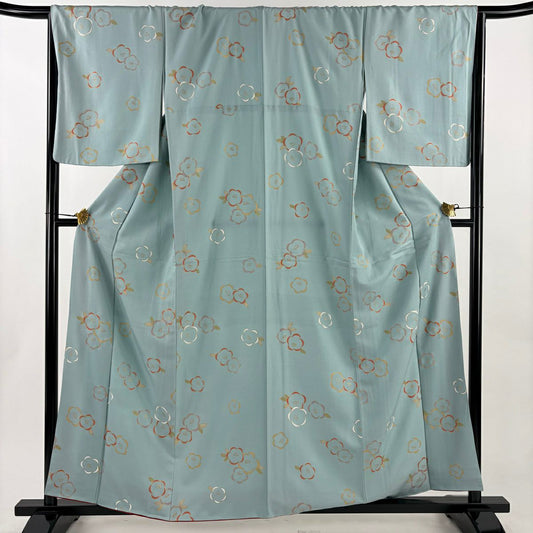 小紋 身長159.5cm 袖長67.5cm L 雙層 椿 金銀彩 水色 純蠶絲 秀品級