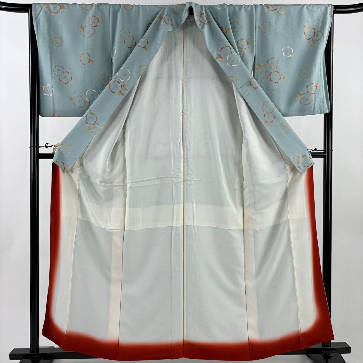 小紋 身長159.5cm 袖長67.5cm L 雙層 椿 金銀彩 水色 純蠶絲 秀品級