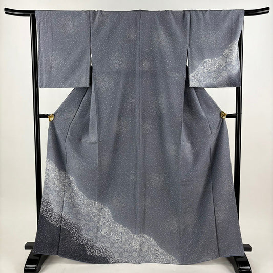 【美品】 付下 身長167cm 袖長67cm M 雙層 雪輪 草花紋紋 染分 淡藍灰色 純蠶絲 秀品級