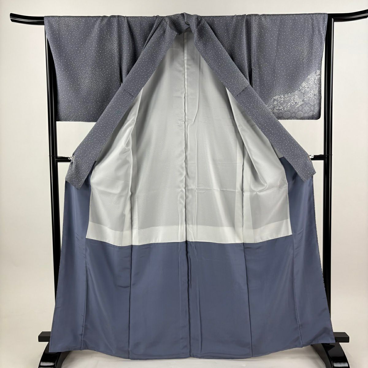 【美品】 付下 身長167cm 袖長67cm M 雙層 雪輪 草花紋紋 染分 淡藍灰色 純蠶絲 秀品級