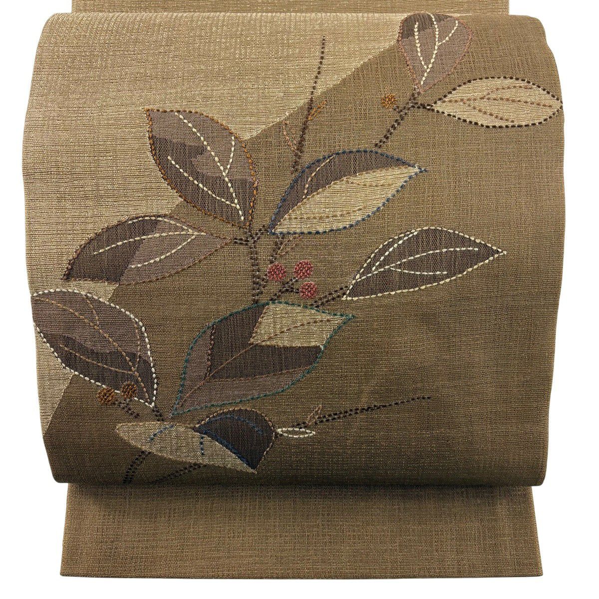 【美品】 袋帶 秀品級 葉與果實 刺繡 茶 お太鼓圖案 純蠶絲