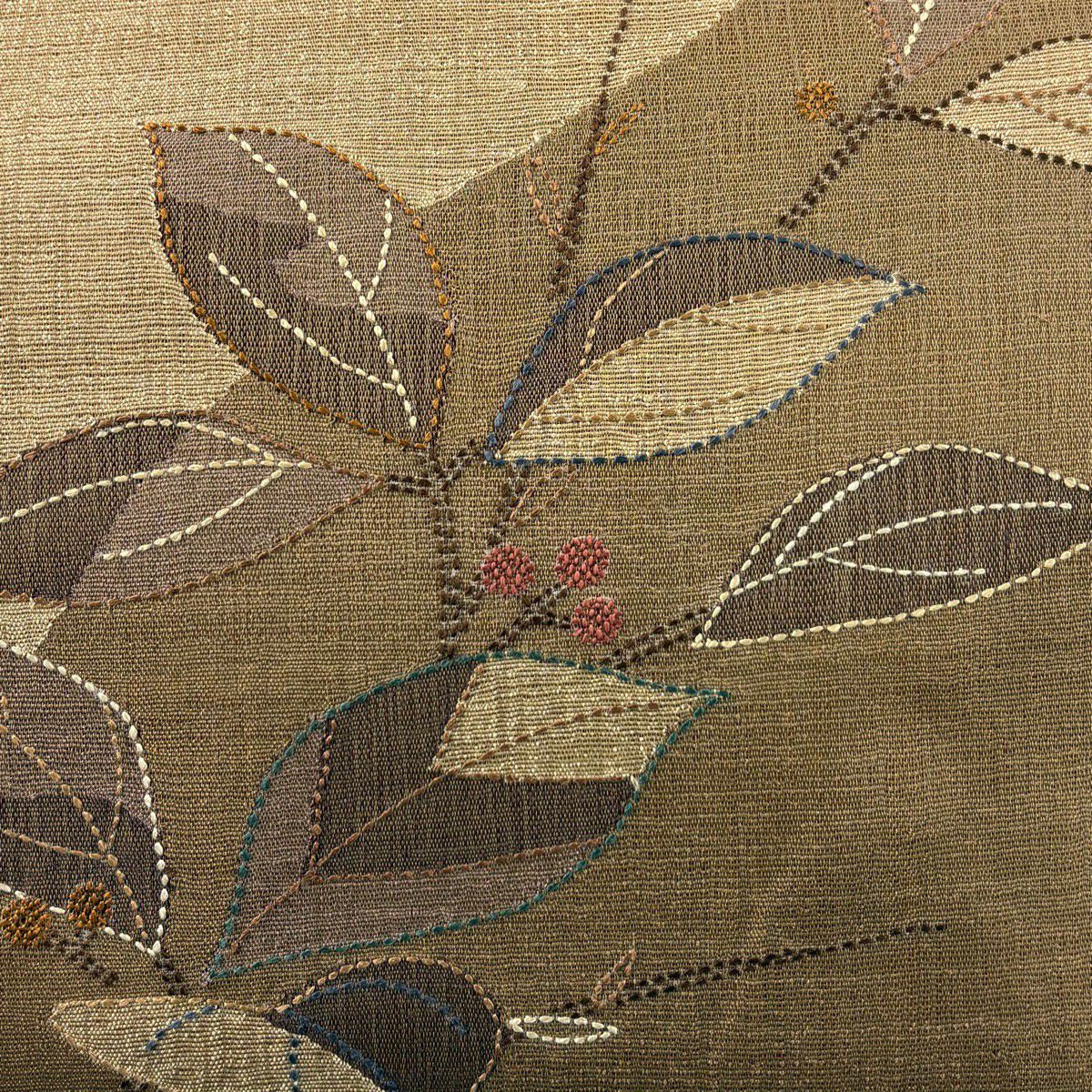 【美品】 袋帶 秀品級 葉與果實 刺繡 茶 お太鼓圖案 純蠶絲
