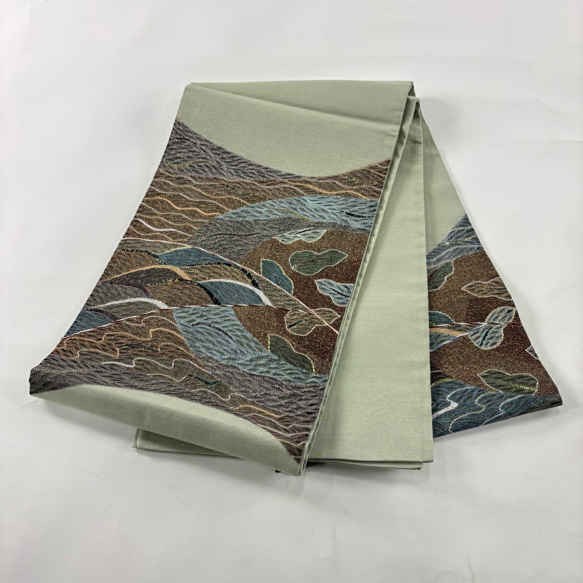 【美品】 袋帶 秀品級 波 幾何學 金絲 金金箔 灰綠 お太鼓圖案 純蠶絲