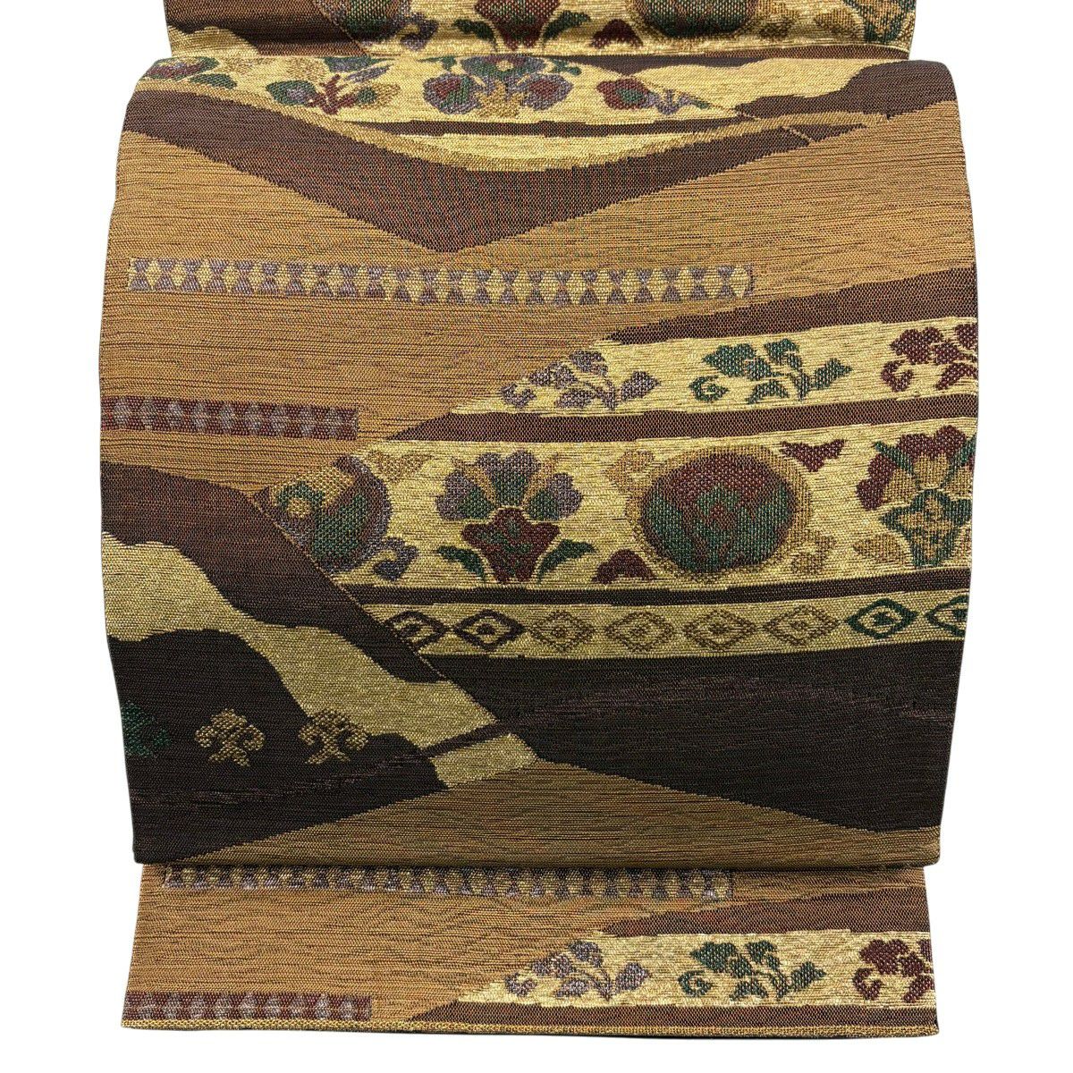 【美品】 袋帶 秀品級 草花紋紋 菱形 金絲 金金箔 茶 純蠶絲
