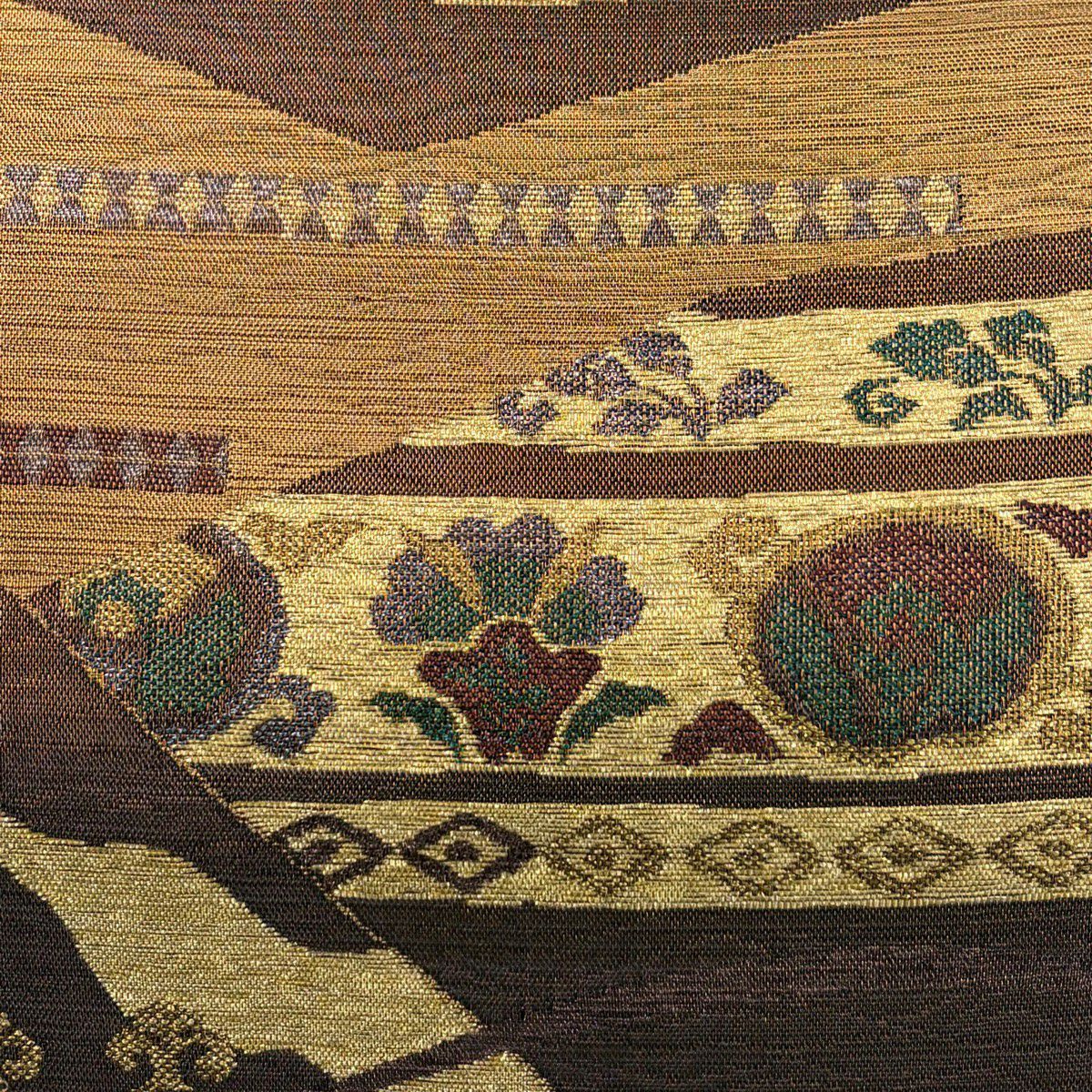 【美品】 袋帶 秀品級 草花紋紋 菱形 金絲 金金箔 茶 純蠶絲