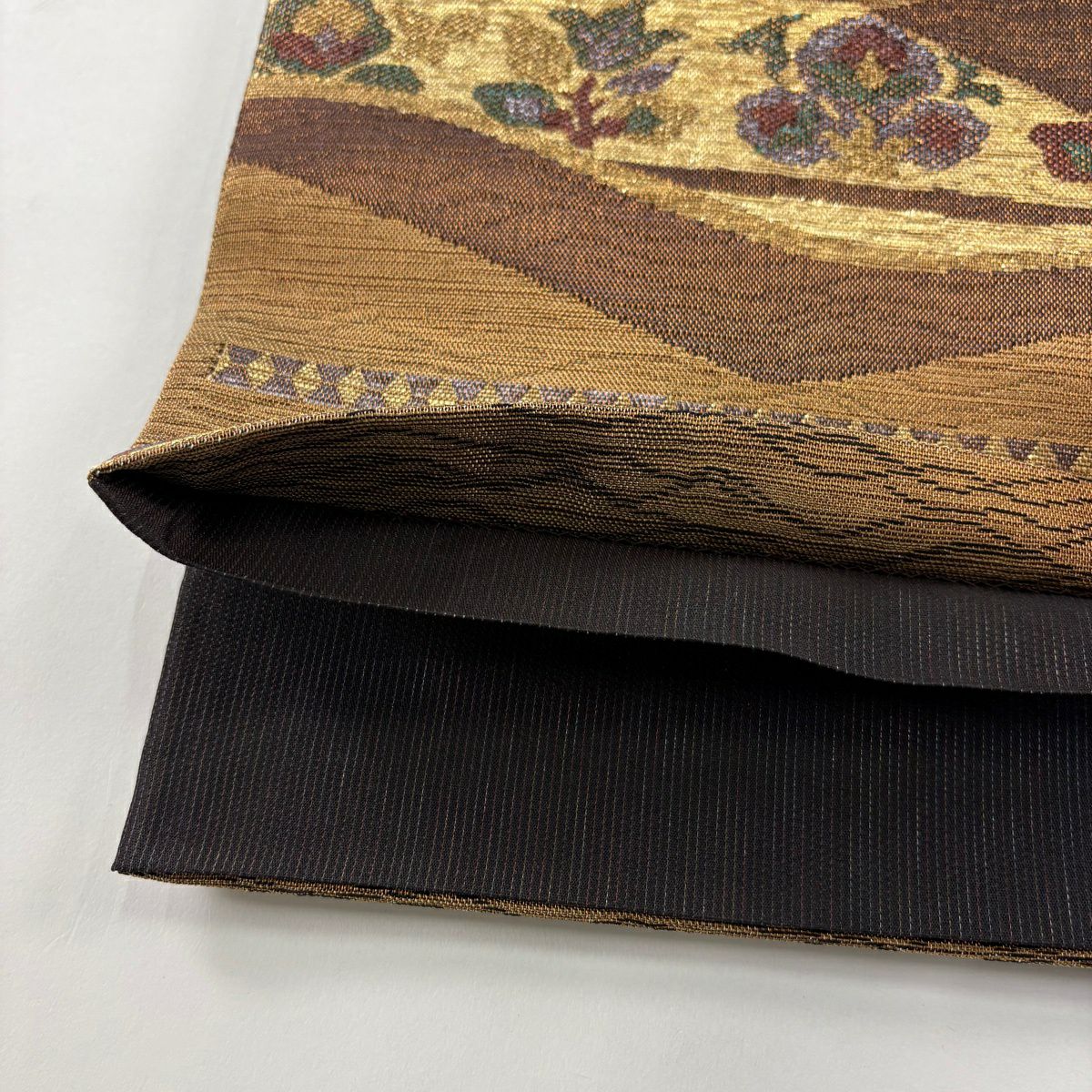 【美品】 袋帶 秀品級 草花紋紋 菱形 金絲 金金箔 茶 純蠶絲