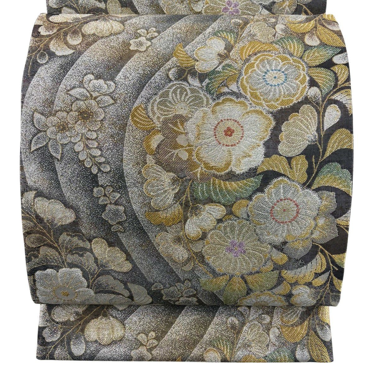 【美品】 袋帶 秀品級 草花紋 金銀彩 金金箔 銀 六通 純蠶絲