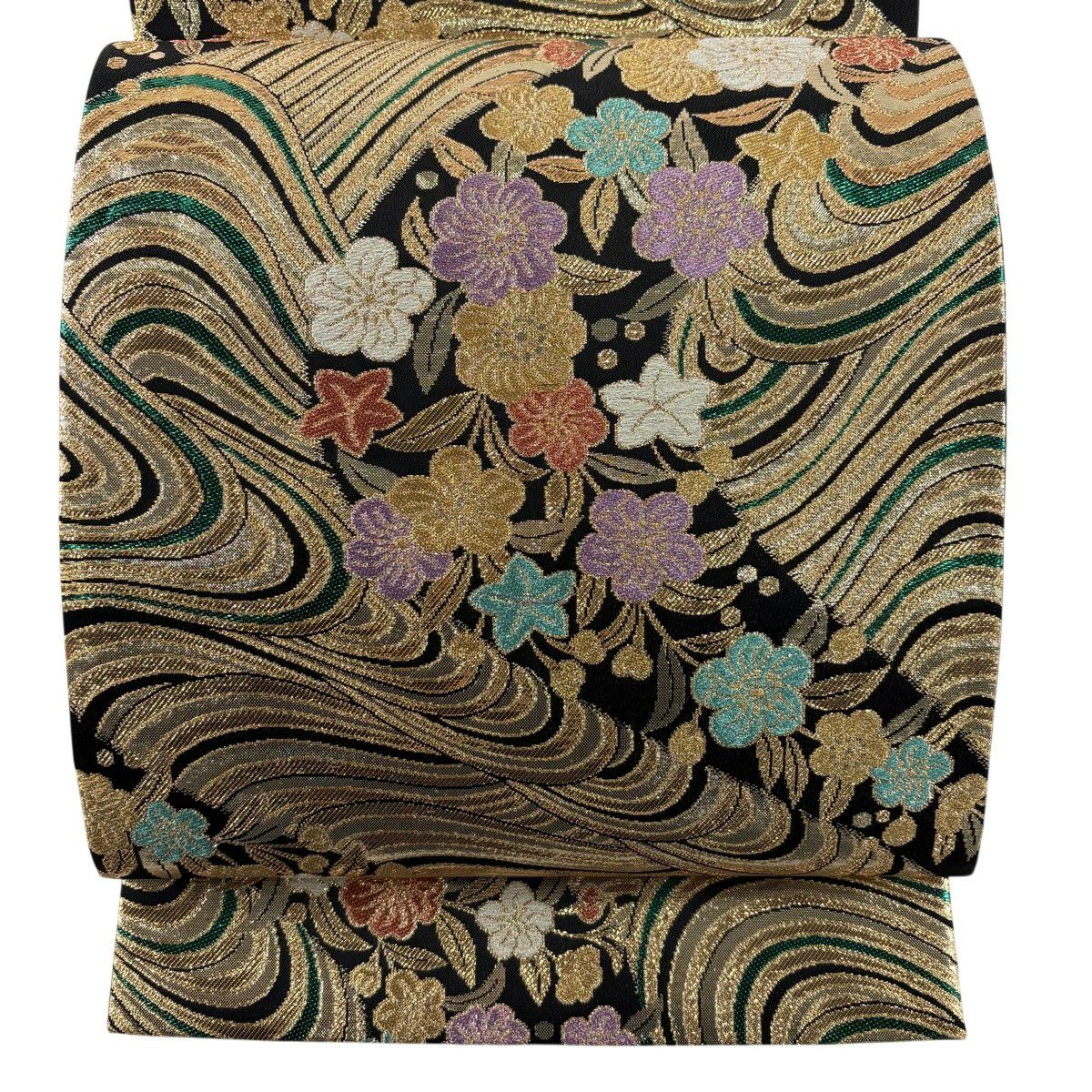【美品】 袋帶 秀品級 草花紋紋 波 金絲 金金箔 黑 六通 純蠶絲