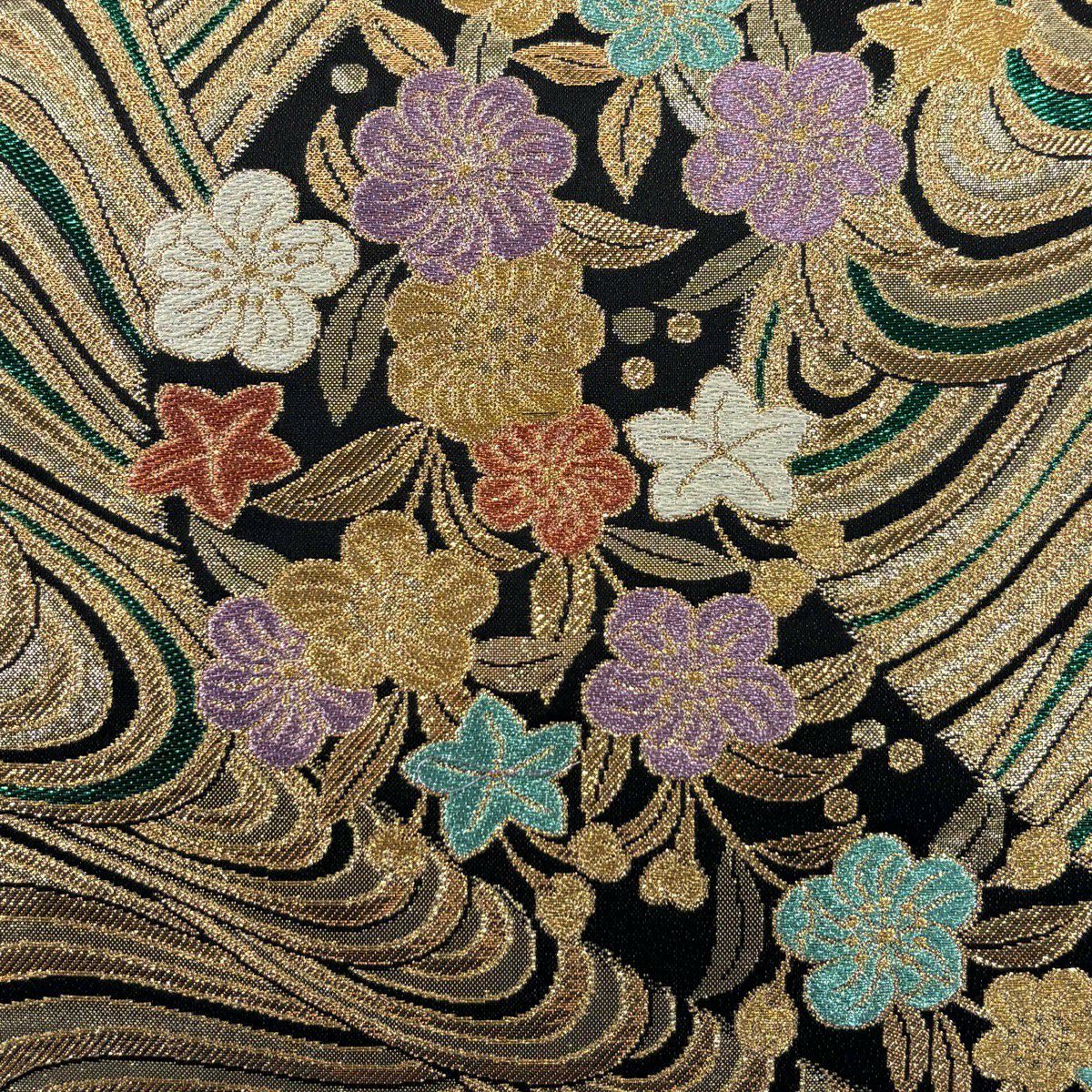 【美品】 袋帶 秀品級 草花紋紋 波 金絲 金金箔 黑 六通 純蠶絲