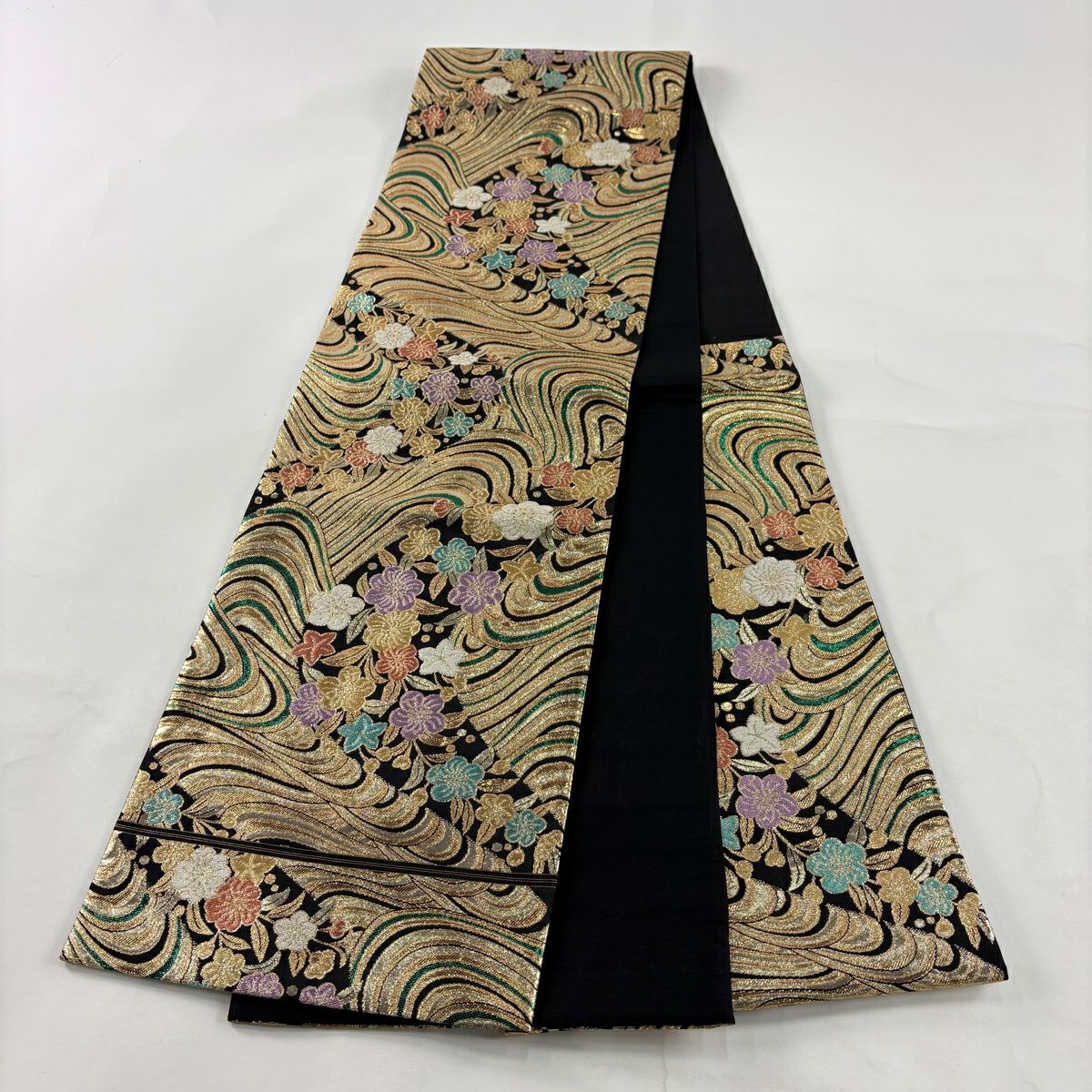 【美品】 袋帶 秀品級 草花紋紋 波 金絲 金金箔 黑 六通 純蠶絲