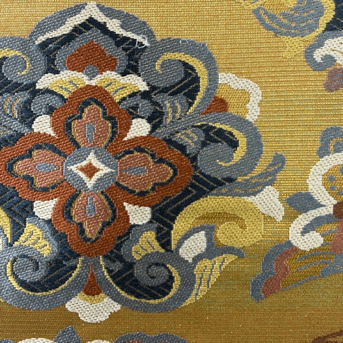 【美品】 袋帶 秀品級 華紋 唐草紋 金絲 金金箔 黃土 深色 六通 純蠶絲