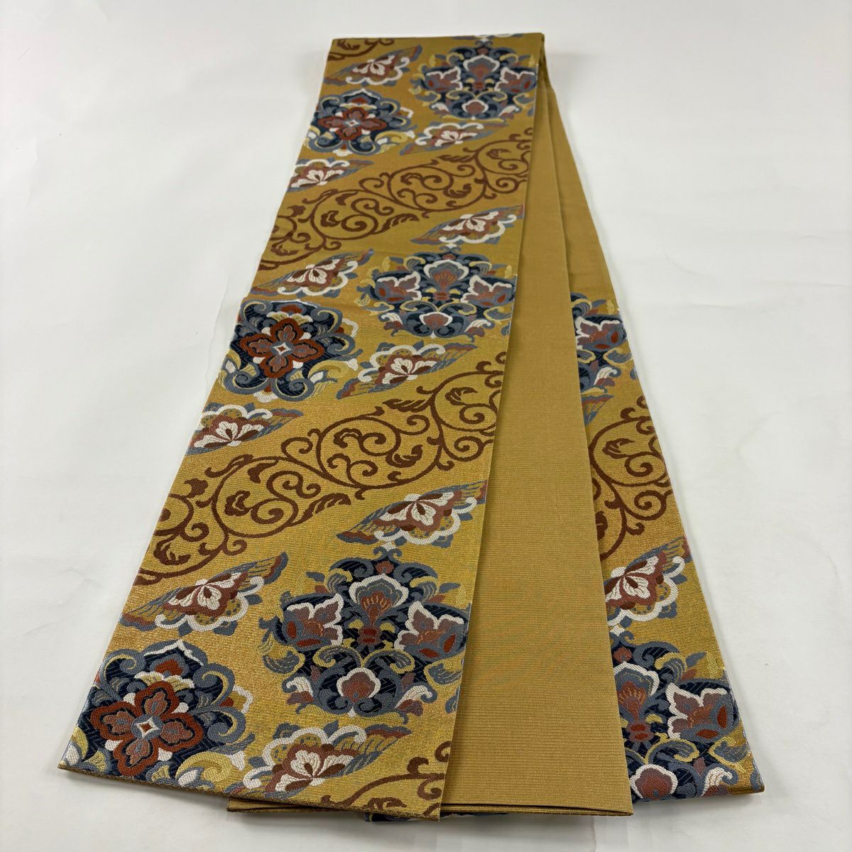 【美品】 袋帶 秀品級 華紋 唐草紋 金絲 金金箔 黃土 深色 六通 純蠶絲