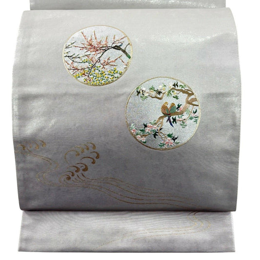 袋帶 秀品級 鈴乃屋 枝花 鳥 刺繡 金金箔 銀 お太鼓圖案 純蠶絲