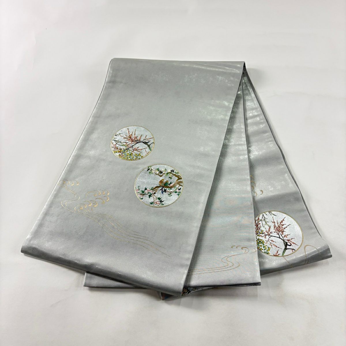 袋帶 秀品級 鈴乃屋 枝花 鳥 刺繡 金金箔 銀 お太鼓圖案 純蠶絲