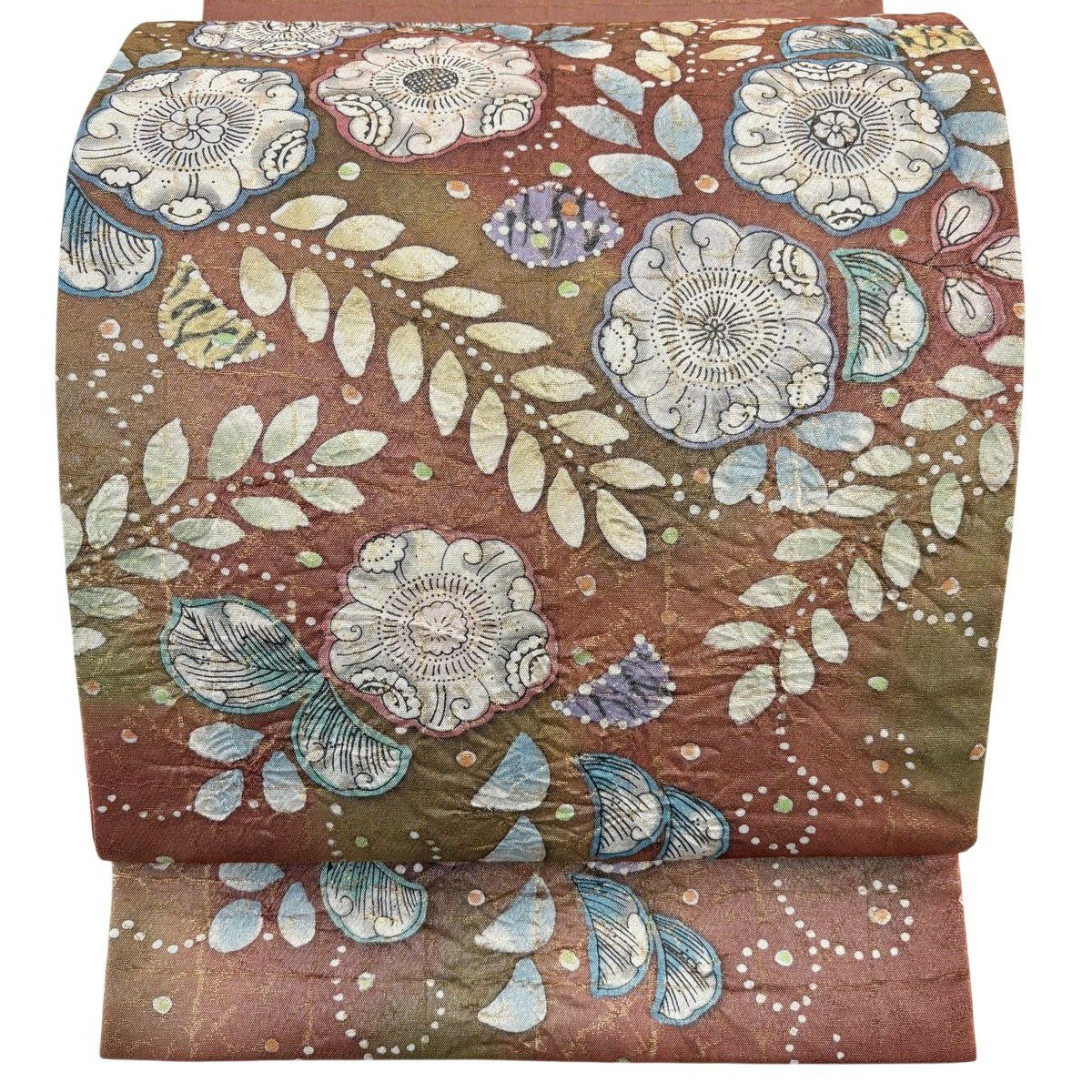 【美品】 袋帶 優品級 辻花染圖案 金金箔 紅茶 大鼓圖案 純蠶絲