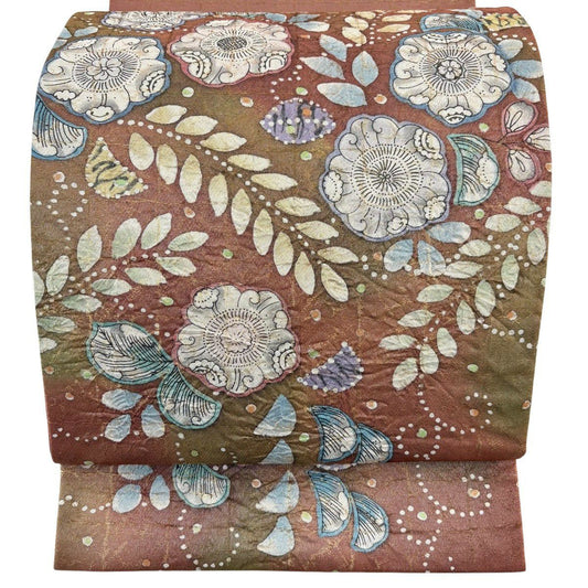 【美品】 袋帶 優品級 辻花染圖案 金金箔 紅茶 大鼓圖案 純蠶絲