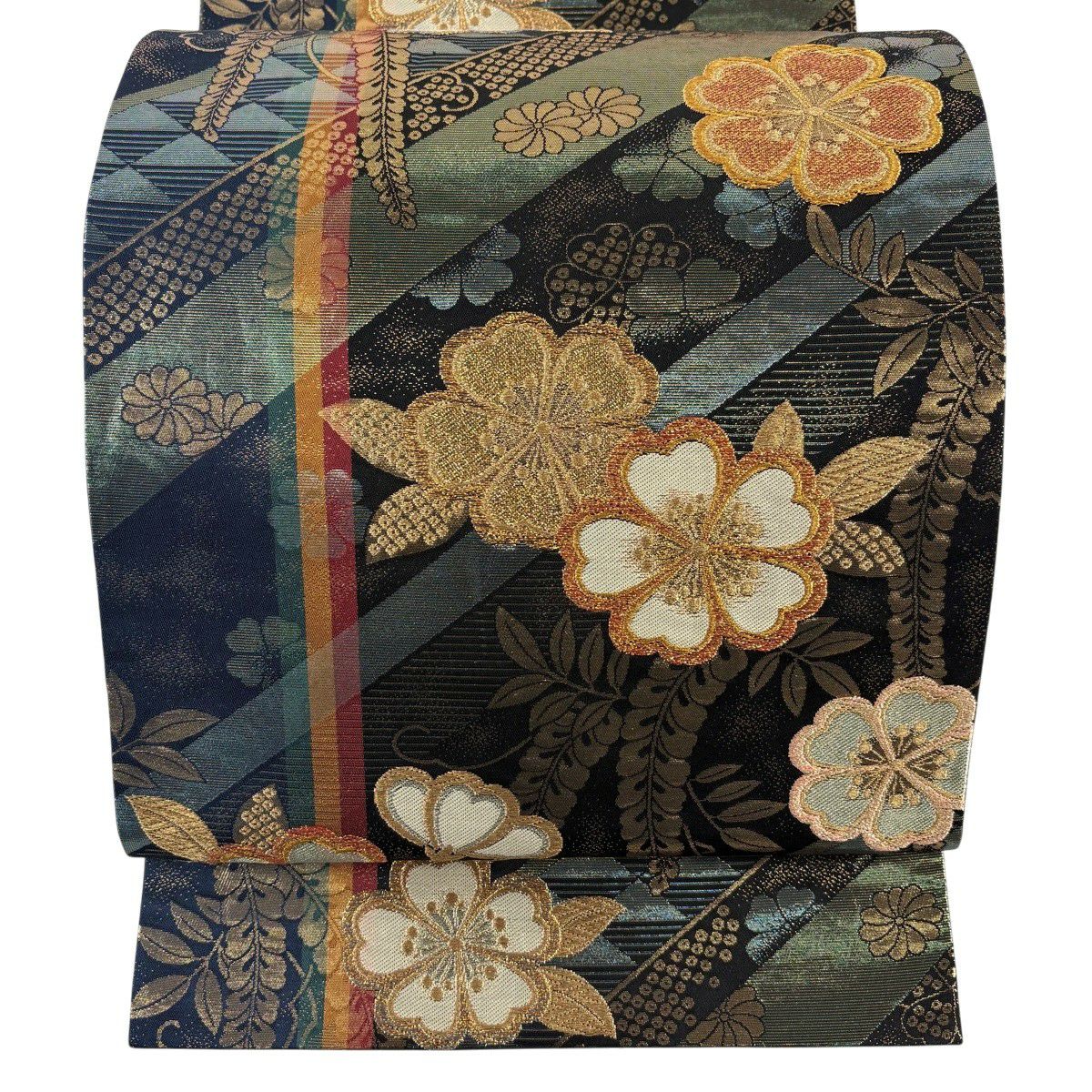 【美品】 袋帶 秀品級 鈴乃屋 櫻 金糸 金金箔 黑 六通 純蠶絲
