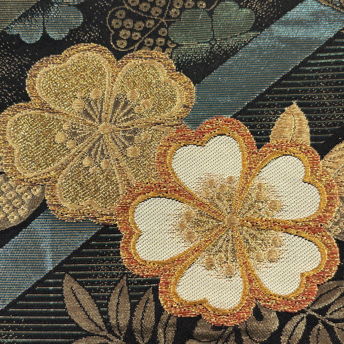 【美品】 袋帶 秀品級 鈴乃屋 櫻 金糸 金金箔 黑 六通 純蠶絲