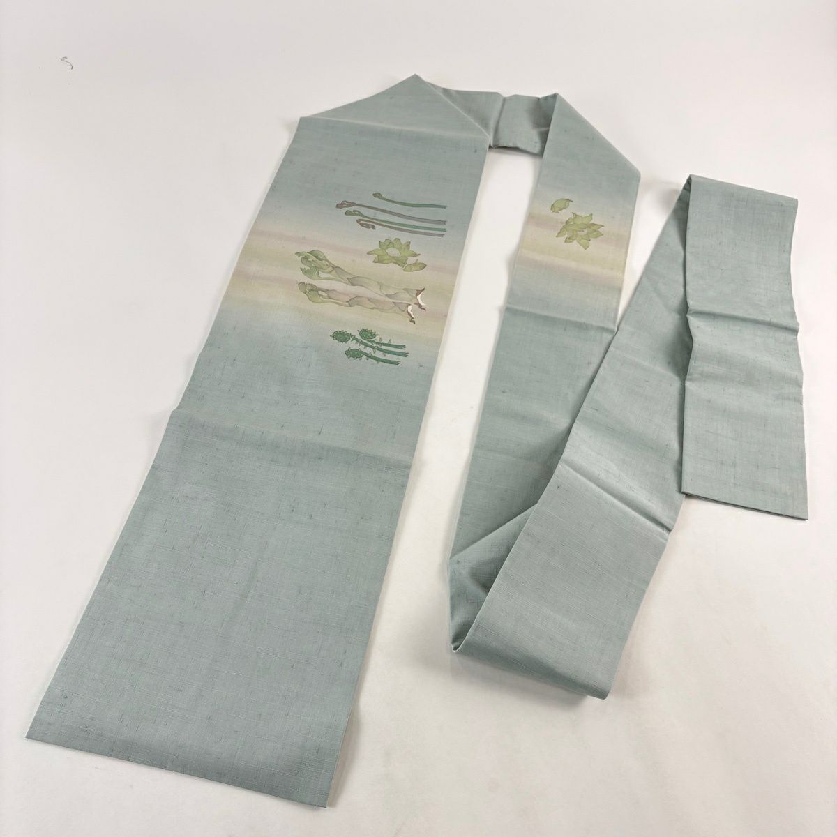 名古屋帶 秀品級 紬織織 山菜 漸層 深藍灰 純蠶絲