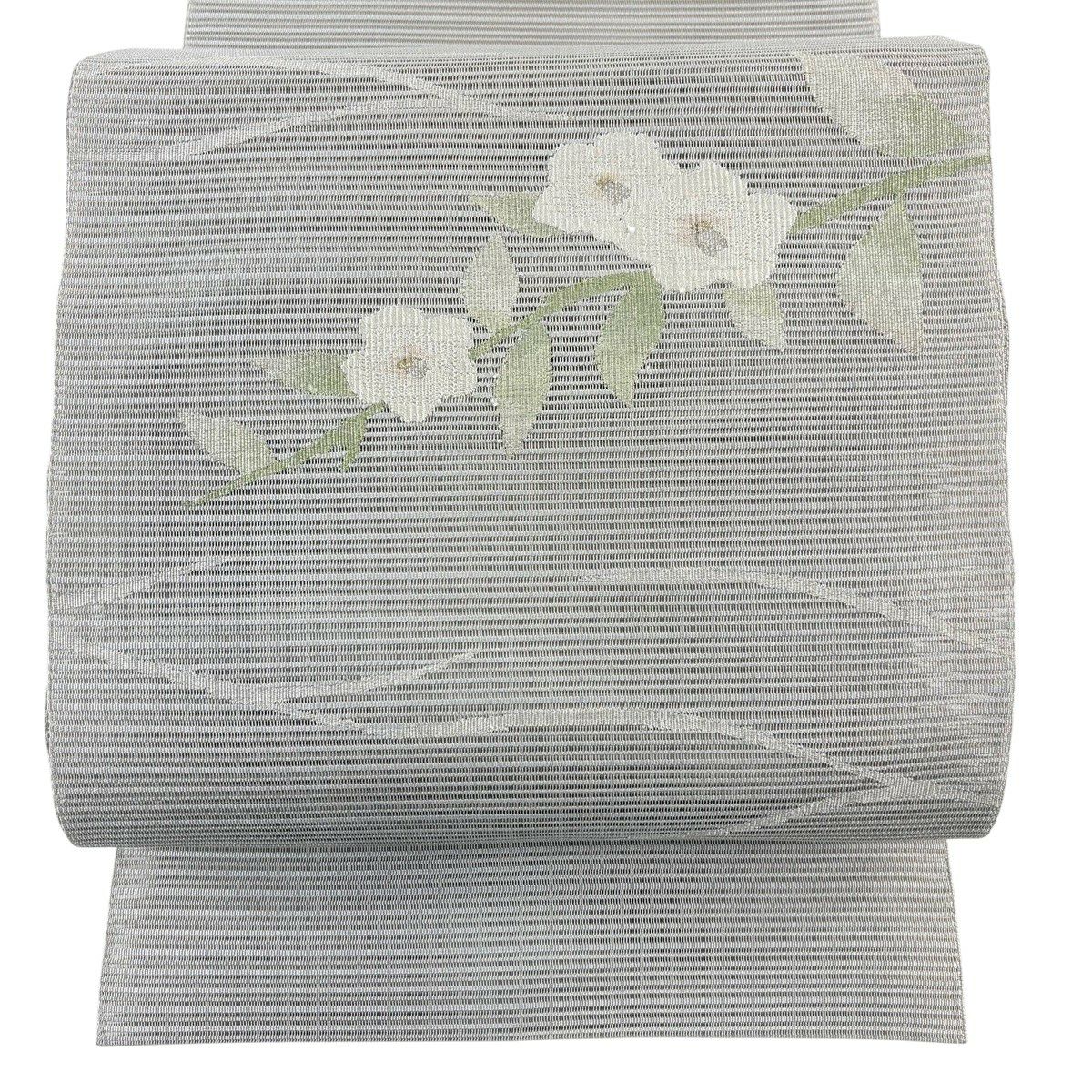 【美品】名古屋帶 秀品級 夏帶 絽 松樹葉裁縫 八寸名古屋帶 トンネル裁縫 枝花 金銀彩 灰色 純蠶絲