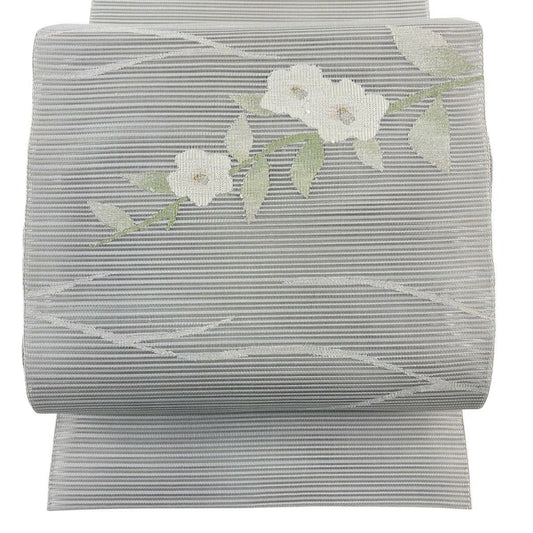 【美品】名古屋帶 秀品級 夏帶 絽 松樹葉裁縫 八寸名古屋帶 トンネル裁縫 枝花 金銀彩 灰色 純蠶絲