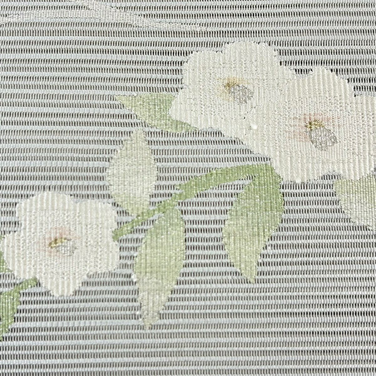 【美品】名古屋帶 秀品級 夏帶 絽 松樹葉裁縫 八寸名古屋帶 トンネル裁縫 枝花 金銀彩 灰色 純蠶絲