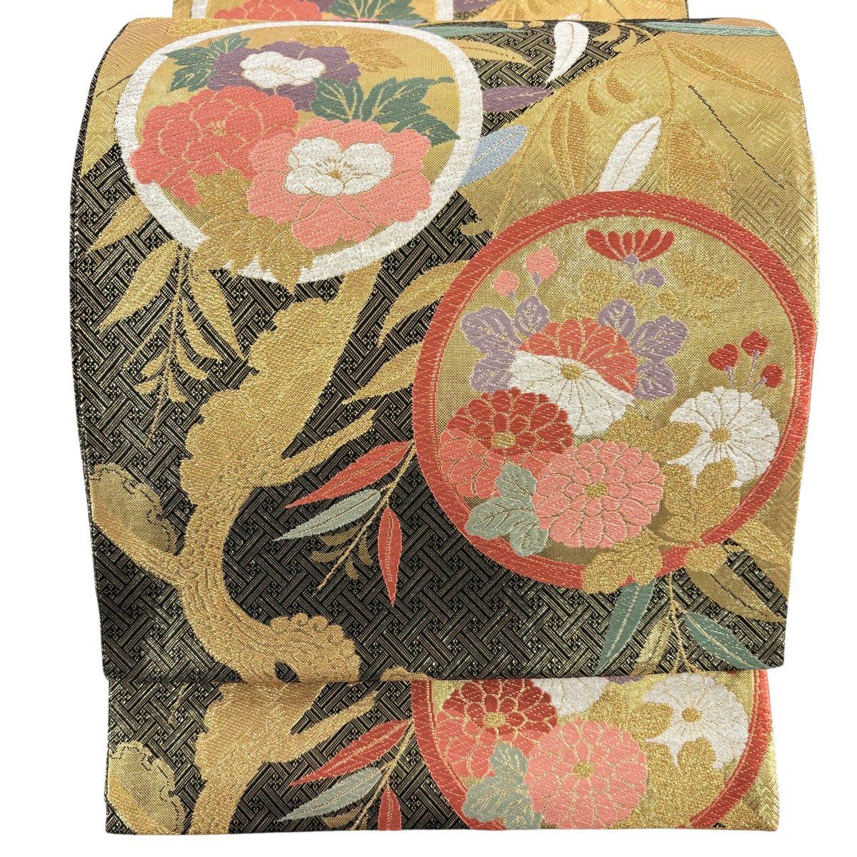 【美品】 袋帶 秀品級 圓文 草花紋紋 金金箔 唐織 黑 六通 純蠶絲