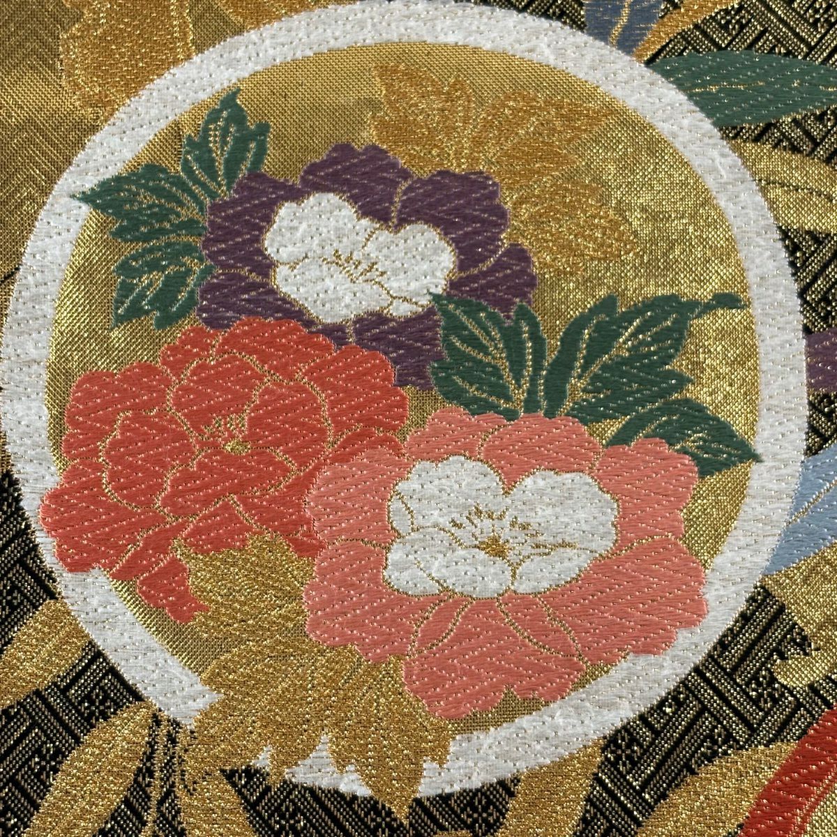 【美品】 袋帶 秀品級 圓文 草花紋紋 金金箔 唐織 黑 六通 純蠶絲